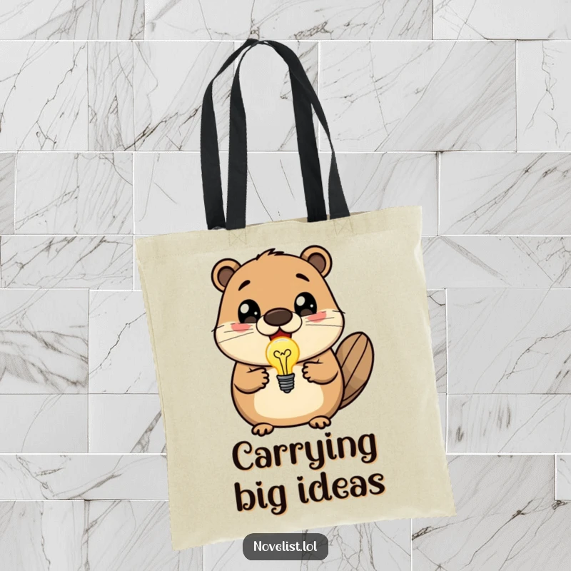 Funny tote bag featuring a delighted beaver with wide eyes, holding a bright lightbulb symbolizing a successful and creative idea.
