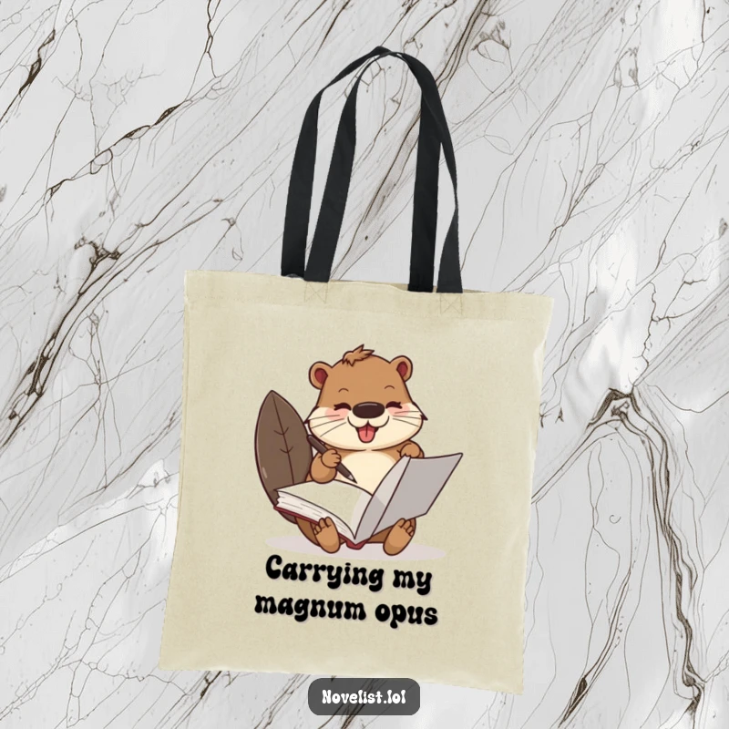 Funny Beaver Tote Bag: A busy beaver with a quill pen, diligently scribbling in a large book, symbolizing productivity.