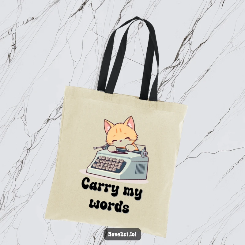 Funny tote bag illustration of a cute cat typing on a vintage typewriter, tail wagging, ideal for carrying books.
