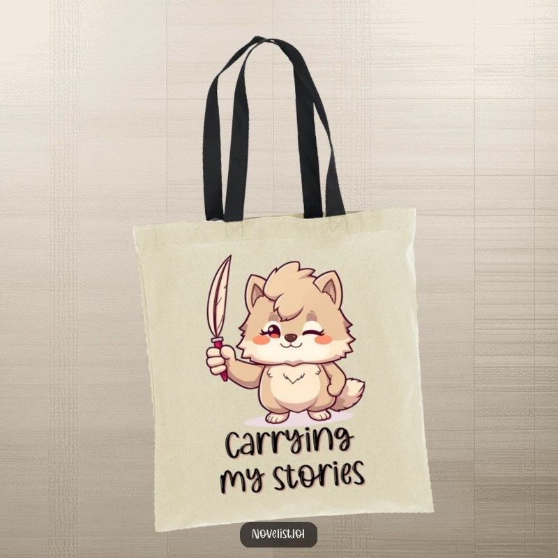 Funny tote bag with a confident furry character holding a quill pen, perfect for carrying books and writing supplies.