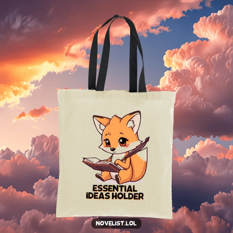 Funny tote bag featuring a creative fox diligently scribbling notes with a quill, great for a funny gift.