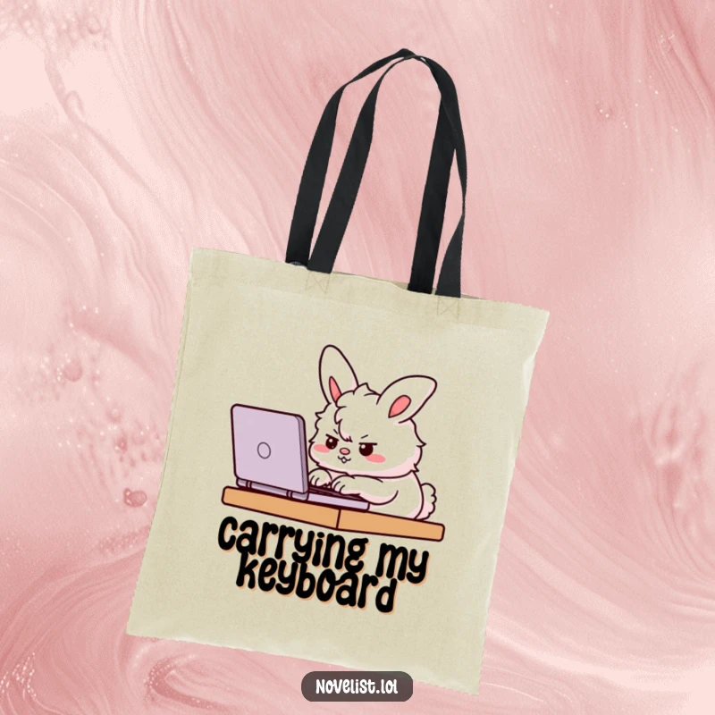 Funny Tote Bag with a determined fluffy bunny furiously typing on a laptop, ideal for carrying work essentials with personality.