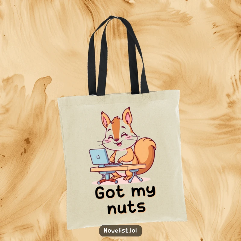 Funny Tote Bag with a squirrel rapidly typing on a tiny desk, symbolizing fast-paced work and productivity. Perfect for daily use.