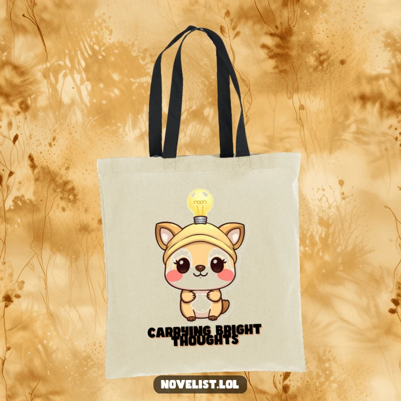 Funny tote bag showing a small animal with a thinking cap and lightbulb, perfect for carrying essentials and brilliant ideas.
