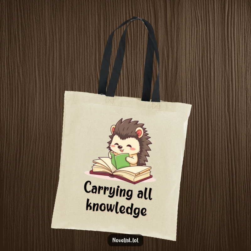 Funny tote bag with a small hedgehog character excitedly and precisely organizing book pages, ideal for book lovers.