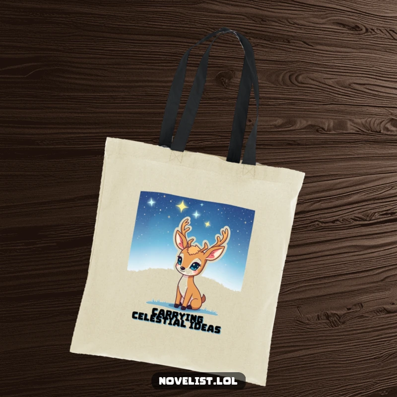 Funny Tote Bag: Thoughtful deer under a starry sky, inspiration striking, perfect for carrying ideas, a great funny gift.