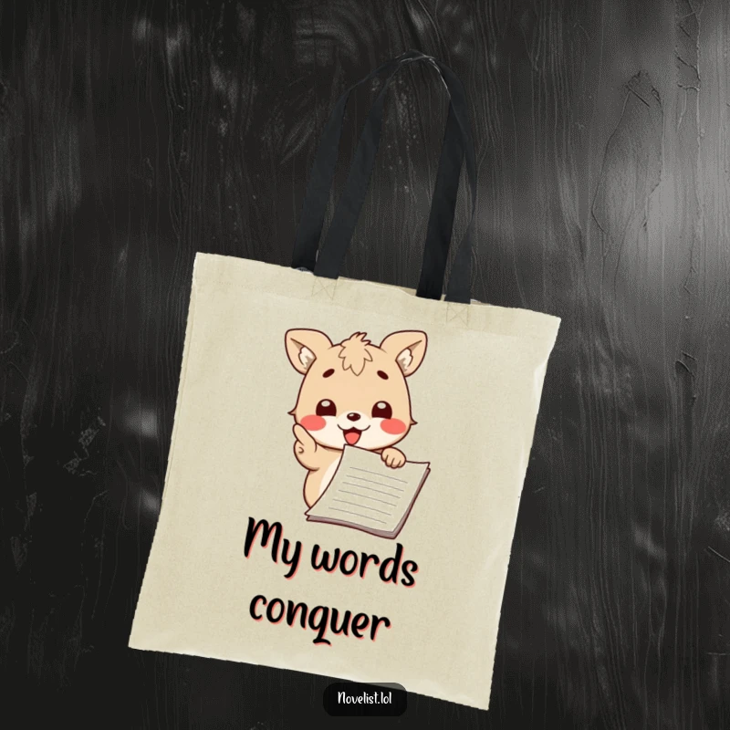 Funny tote bag showcasing a cute animal character passionately pointing at a manuscript with a confident smile, ready for discovery.