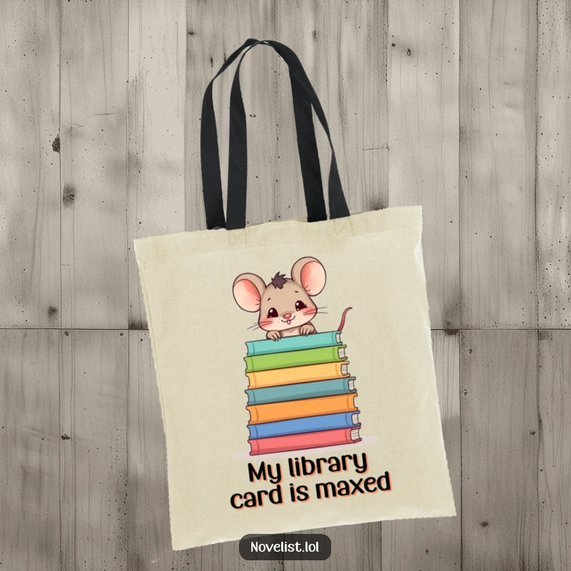 Funny tote bag featuring a mischievous mouse peeking over a stack of books, perfect for bookworms and lovers of cute, humorous designs.