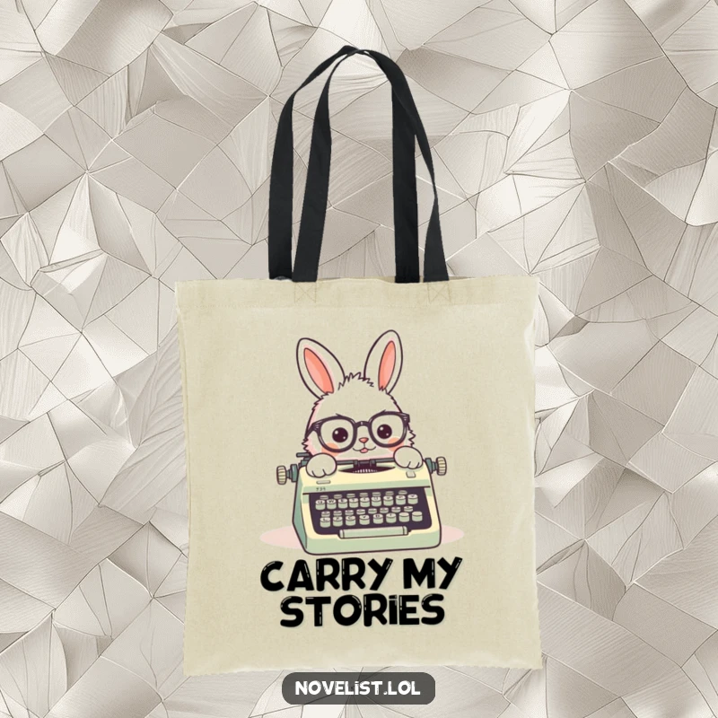Funny tote bag with a fluffy rabbit wearing crooked glasses, typing on a vintage typewriter, great for books, groceries, or daily essentials.