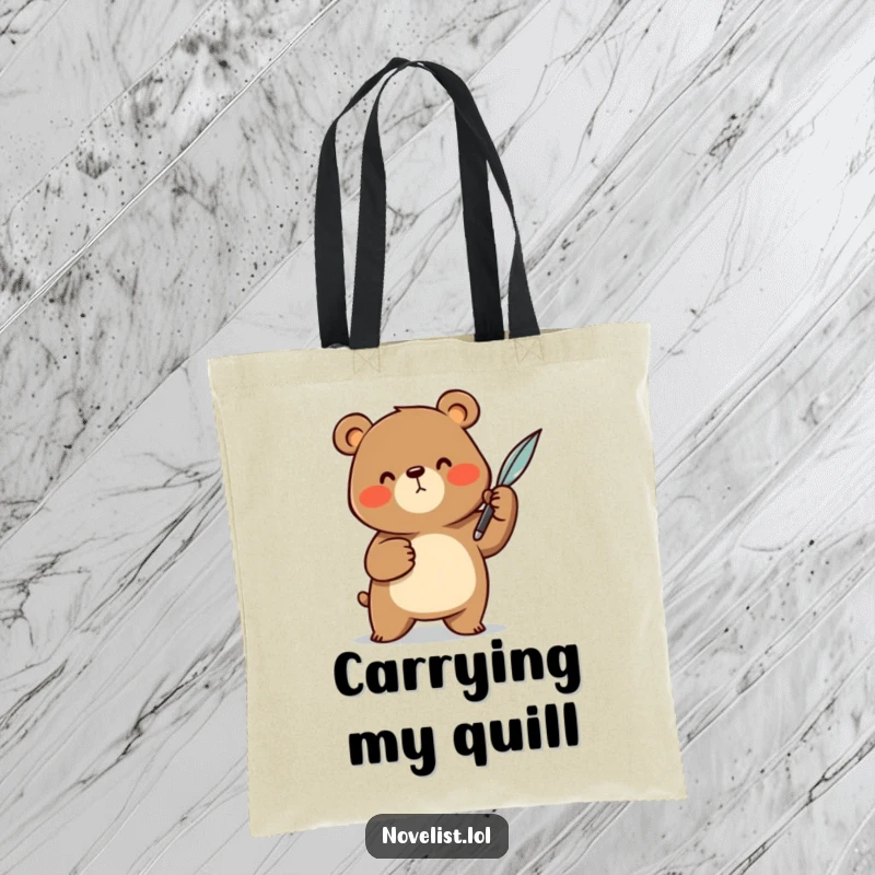 Funny Tote Bag: A cheerful bear animal character dramatically gesturing with a quill pen, designed for carrying essentials with humorous literary style.