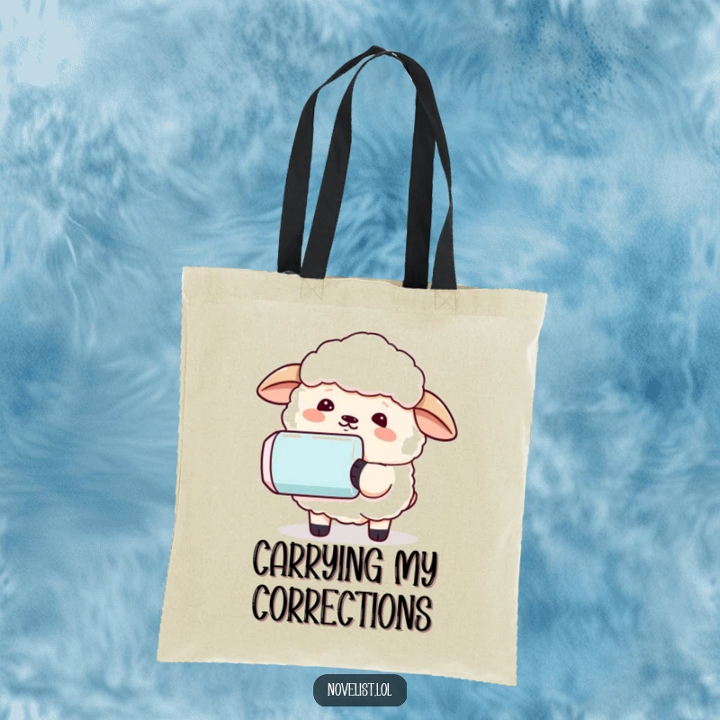 Funny tote bag with a sheep using a comically large eraser to remove a sentence, perfect for anyone who appreciates humor about mistakes.