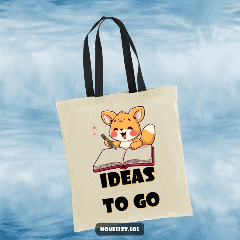 Funny tote bag showcasing an excited animal character energetically scribbling in a large open notebook, ready for inspiration.