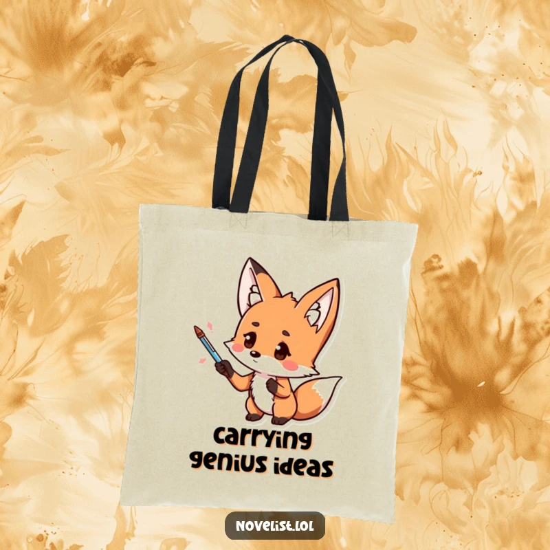 Funny canvas tote bag, kawaii fox with pen, dramatic gesture, thoughtful pose, practical and humorous accessory for funny gift shoppers.