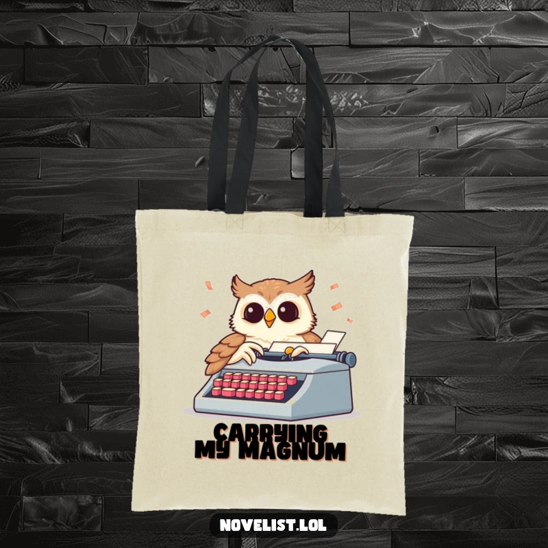 Funny tote bag with a wise owl pecking at a typewriter, keys flying, perfect for carrying writerly treasures.