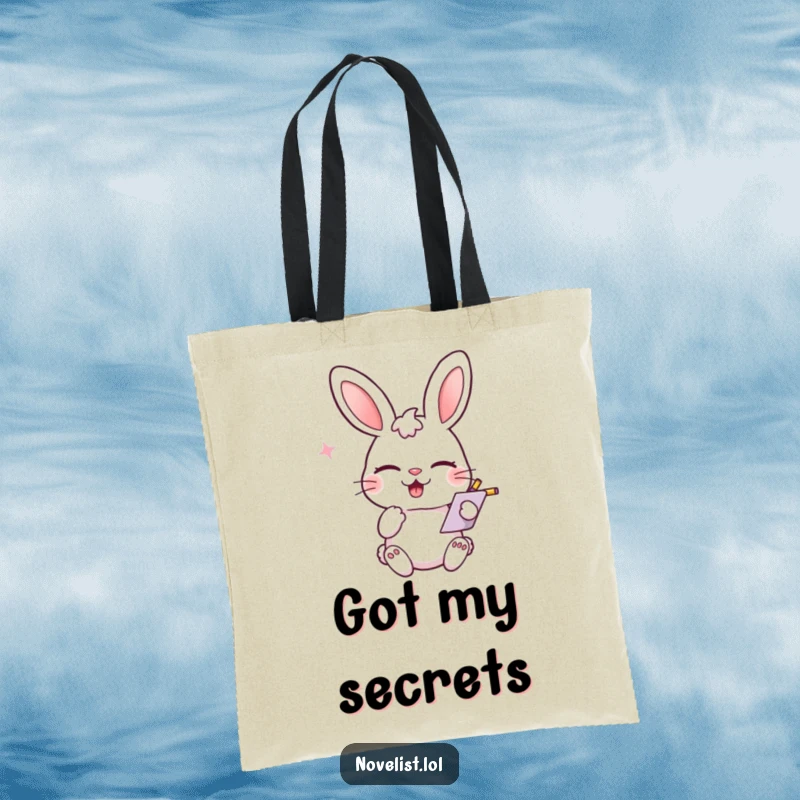 Funny canvas tote bag, winking rabbit, scribbling notes, playful smirk, practical and humorous for funny gift shoppers.
