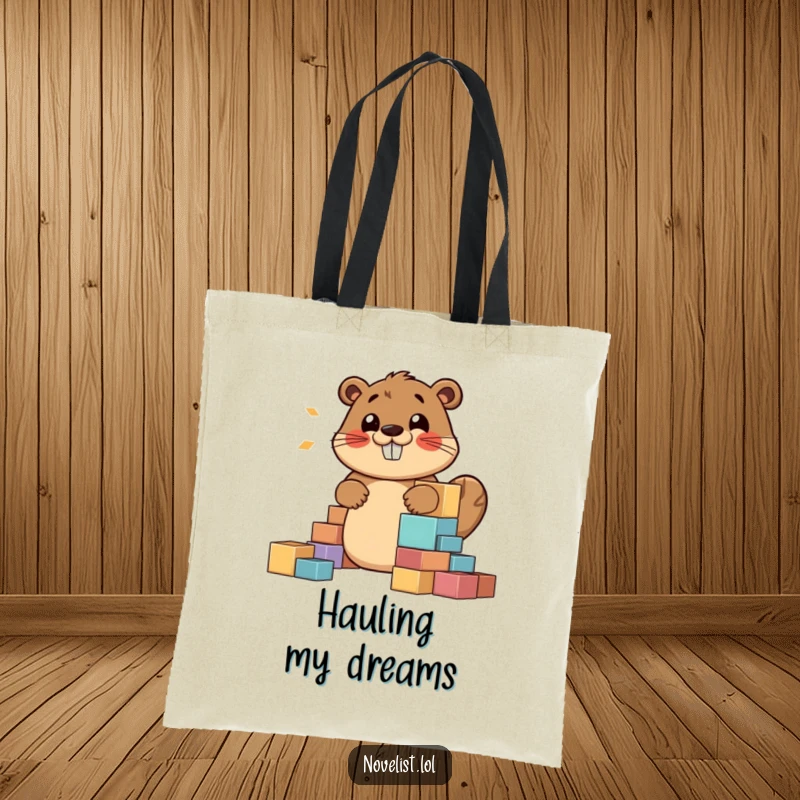 Funny tote bag depicting a jovial beaver building a story structure with blocks, humming contentedly, excellent for carrying books and supplies.