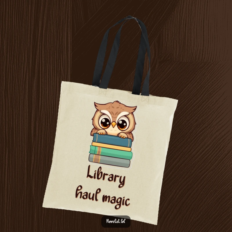 Funny canvas tote bag, wise owl peeking over books, wide eyes, literary accessory for book lovers and funny gift shoppers.