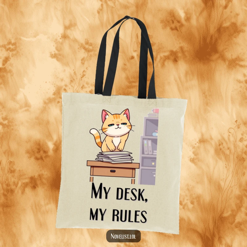 Funny canvas tote bag, determined cat jumping onto desk, papers flying, office humor for funny gift shoppers.