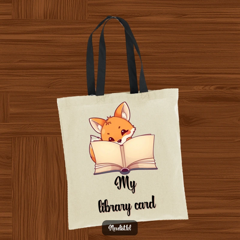 Funny tote bag featuring a curious fox peeking over an open storybook, ideal for book transfers and everyday use.