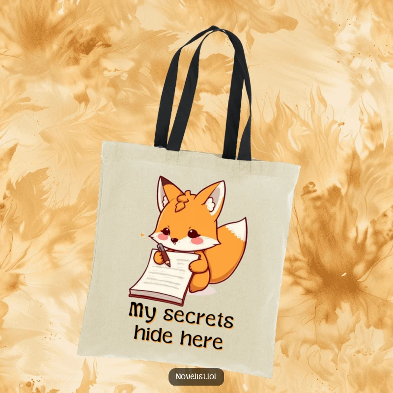 Funny determined fox character writing in a notebook on a durable tote bag, ideal for carrying creative tools humorously.