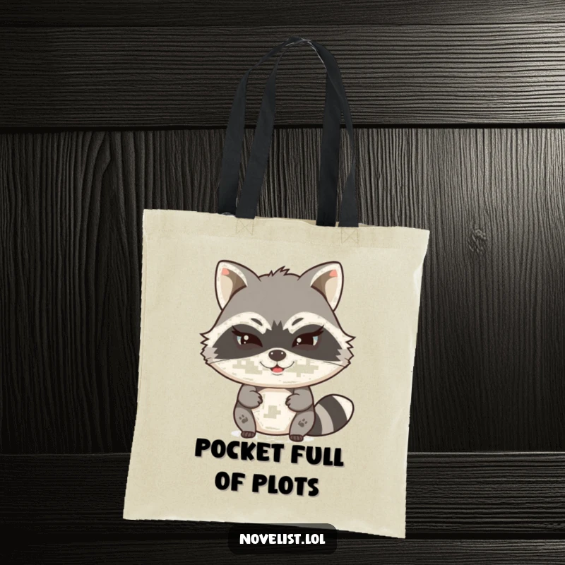 Funny tote bag with a witty raccoon character typing a secret story with a mischievous wink, excellent for carrying books and notes.