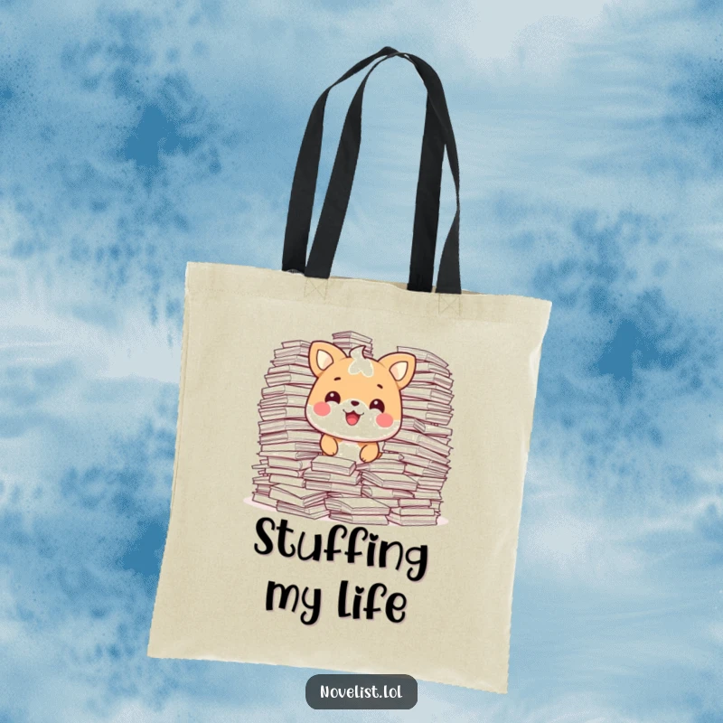 Funny Tote Bag featuring a happy animal character surrounded by overflowing stacks of paper, looking pleased and organized.