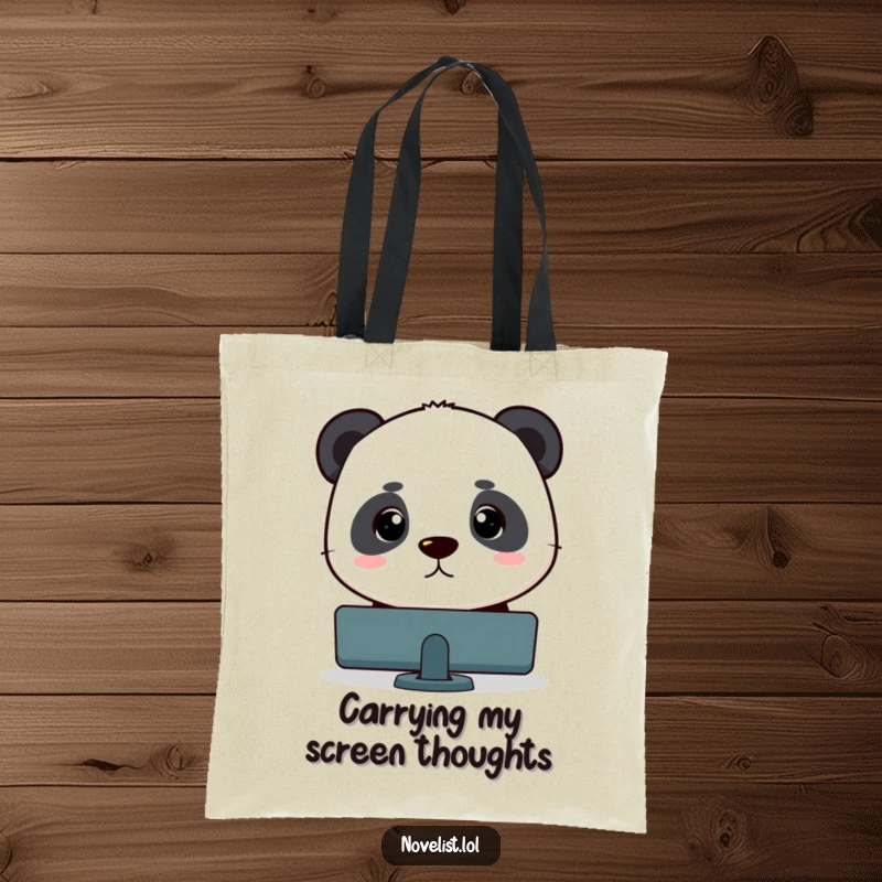 Funny panda illustration intently focused on a blinking cursor, a humorous and practical tote bag for tech enthusiasts.