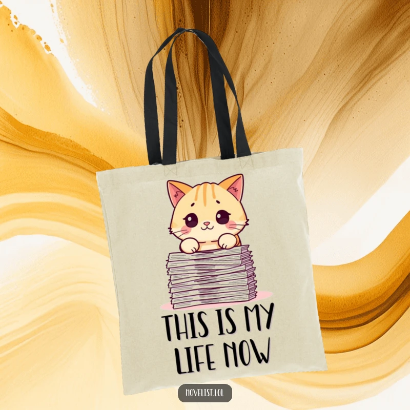 Funny tote bag depicting a surprised pudgy cat character staring at a massive pile of papers, perfect for grocery or book carrying.